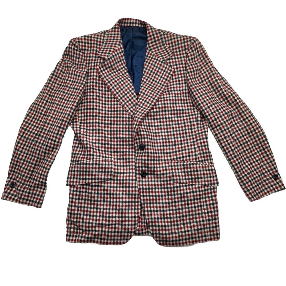 Vintage 70s Ratner Mens 40 R HOUNDSTOOTH Sport Coat Jacket DISCO Blazer Red Blue
